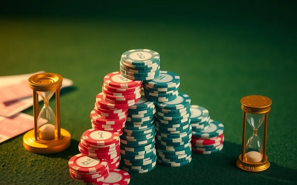 Fiches disposte a scala su panno verde con clessidre, i requisiti dei bonus sui siti non AAMS