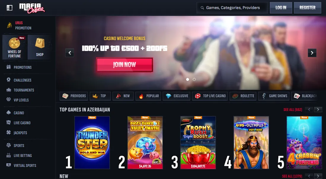 Mafia Casino, la homepage come appariva a settembre 2026