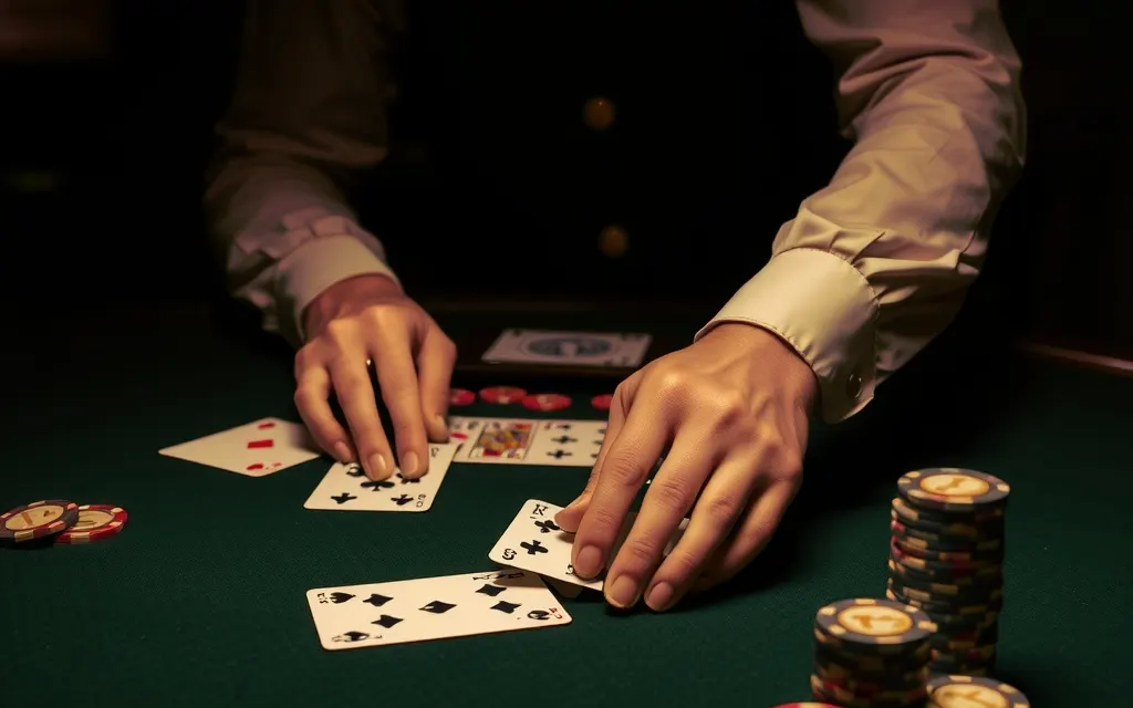 Mani del croupier che distribuiscono carte su un tavolo verde, il live casino dei casino non AAMS