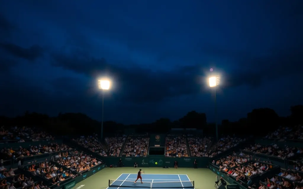 Campo da tennis illuminato di sera visto dagli spalti, eventi sportivi sui bookmaker non AAMS