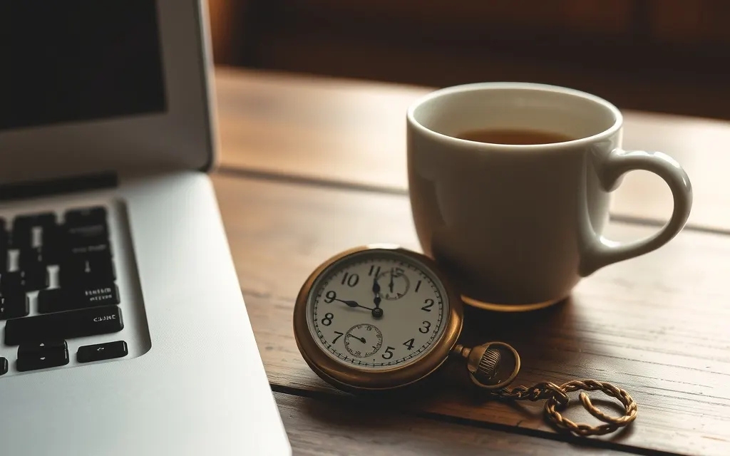 Orologio da tasca accanto a una tazza e a un portatile chiuso, una pausa per il gioco responsabile sui siti non AAMS