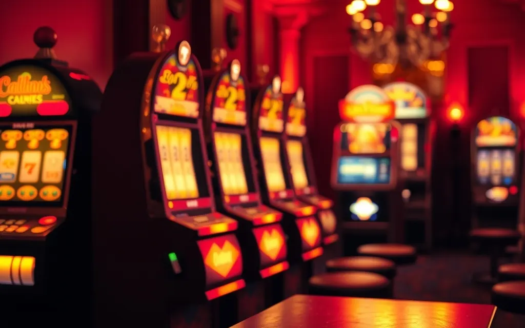 Fila di slot machine illuminate in una sala scura, il catalogo dei migliori casino online non AAMS