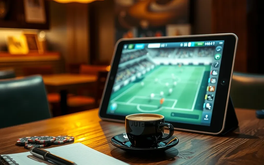 Tablet con una partita di calcio, caffè e fiches su un tavolo di legno, i migliori siti scommesse non AAMS